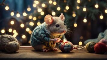 A cute mouse in a knitted sweater plays with yarn amidst soft lights. photo