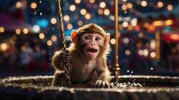 A playful monkey swings on a fountain, surrounded by colorful lights in a lively setting. photo