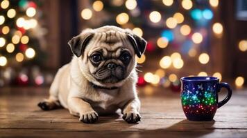 A pug lies beside a colorful mug in a cozy, festive setting with blurred lights. photo