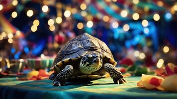 A turtle on a festive table adorned with colorful decorations and lights. photo