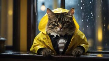 A cat in a yellow raincoat and tuxedo sits by a rainy window, exuding charm and elegance. photo