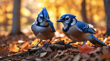 Two blue jays perched on a log amidst autumn leaves in a serene forest setting. photo