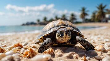 A close-up of a turtle on a sandy beach with seashells and palm trees in the background. photo