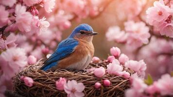 A bluebird resting in a nest surrounded by pink blossoms, symbolizing nature's beauty. photo