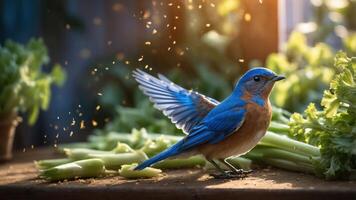 A bluebird perched on celery, surrounded by a warm, natural setting with sunlight. photo