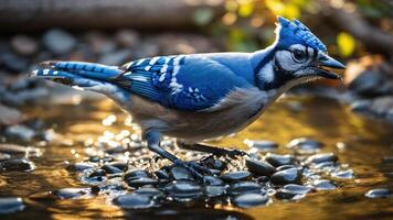 A blue jay stands on pebbles near water, showcasing its vibrant colors in a natural setting. photo
