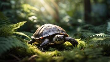 A turtle moving through lush greenery, illuminated by soft sunlight. photo