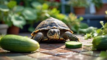 A turtle resting on a surface surrounded by cucumbers and greenery. photo