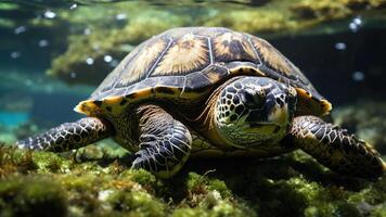 A turtle swimming gracefully in a vibrant underwater environment. photo