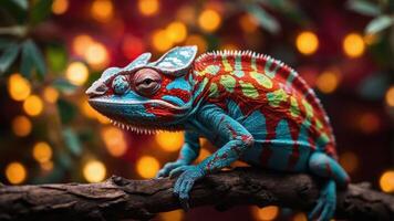 A vibrant chameleon perched on a branch, showcasing its colorful skin against a blurred background. photo