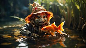 A whimsical creature resembling a scarecrow with a fish in a serene pond setting. photo