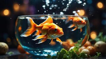 Two goldfish swimming in a bowl with bubbles and greenery, creating a vibrant aquatic scene. photo
