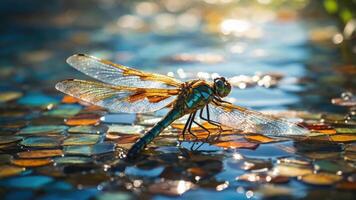 A close-up of a dragonfly resting on a mosaic surface in shimmering water. photo