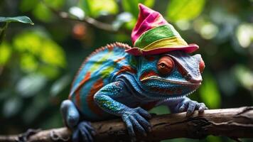 A colorful chameleon wearing a festive hat perched on a branch in a lush environment. photo