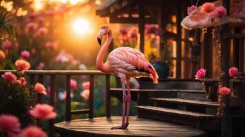 A vibrant flamingo stands amidst flowers at sunset, creating a serene and picturesque scene. photo