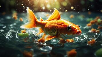 A vibrant goldfish swimming in a shimmering pond, surrounded by floating particles. photo