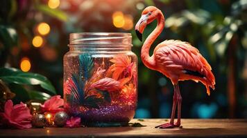 A vibrant scene featuring a flamingo beside a decorative jar filled with colorful elements. photo
