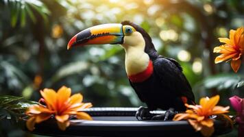A toucan perched on a table surrounded by vibrant flowers in a lush, tropical setting. photo
