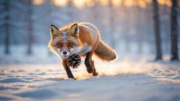 A fox running through snowy terrain, carrying a pine cone in its mouth at sunset. photo