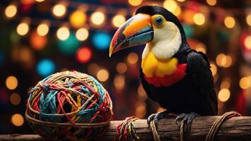 A colorful toucan perched next to a ball of yarn, surrounded by festive lights. photo
