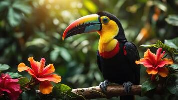A colorful toucan perched among vibrant flowers in a lush, tropical environment. photo