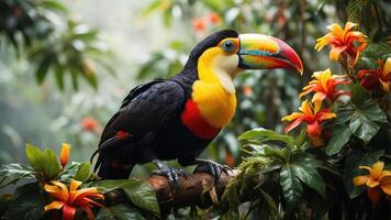 A vibrant toucan perched on a branch surrounded by lush tropical foliage and colorful flowers. photo