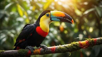 A colorful toucan perched on a branch in a lush, vibrant rainforest setting. photo