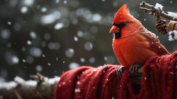 A vibrant cardinal perched on a branch amidst falling snow, draped in a red scarf. photo