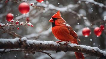 A vibrant cardinal perched on a snowy branch amidst festive red ornaments, creating a winter scene. photo