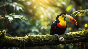 A colorful toucan perched on a mossy branch in a lush, vibrant rainforest setting. photo