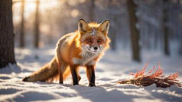 A red fox stands in a snowy forest, illuminated by soft sunlight. photo