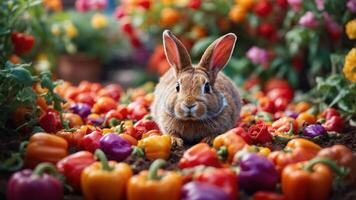 A rabbit resting among colorful bell peppers in a vibrant garden setting. photo