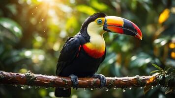 A colorful toucan perched on a branch in a lush, vibrant rainforest setting. photo