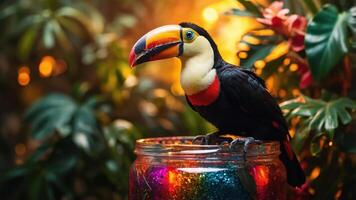 A colorful toucan perched on a jar with vibrant decorations amidst lush greenery. photo
