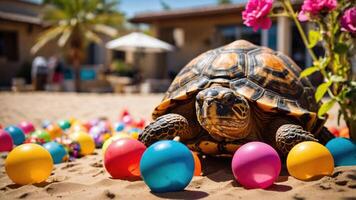 A tortoise surrounded by colorful plastic balls in a sunny outdoor setting. photo