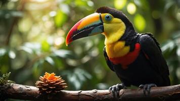 A colorful toucan perched on a branch beside a pine cone in a lush, green environment. photo