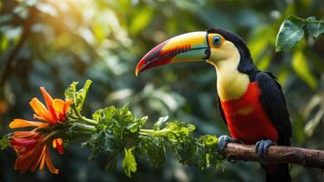 A vibrant toucan perched on a branch beside a bright flower in a lush, green environment. photo