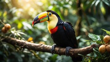 A colorful toucan perched on a branch in a lush green environment. photo