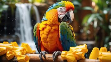 A vibrant macaw perched near a waterfall, surrounded by yellow objects. photo