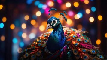 A vibrant peacock displaying its colorful feathers against a blurred, illuminated background. photo