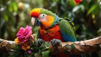 A vibrant macaw perched on a branch surrounded by flowers in a lush environment. photo