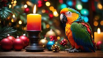 A colorful parrot sits beside a candle and festive ornaments, creating a holiday atmosphere. photo
