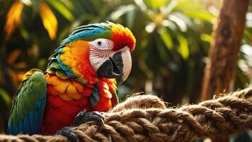 A vibrant parrot perched on a rope amidst lush greenery. photo