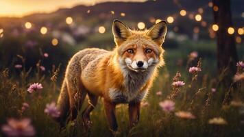 A serene fox stands in a flower-filled meadow during sunset, creating a tranquil atmosphere. photo