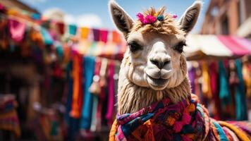 A cheerful llama adorned with colorful decorations in a vibrant market setting. photo