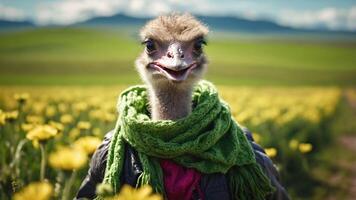 An ostrich wearing a scarf and jacket stands in a field of flowers, smiling at the camera. photo
