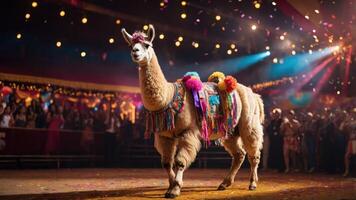 A decorated llama walks through a festive circus setting filled with colorful lights and confetti. photo