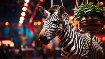 A zebra in a vibrant circus setting, surrounded by colorful lights and decorations. photo