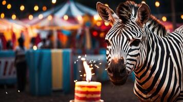 A zebra stands near a cake with a candle, set in a festive carnival atmosphere. photo