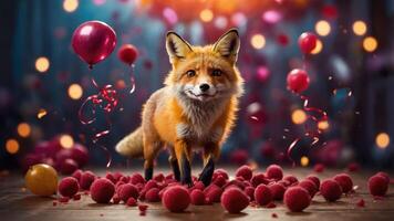 A playful fox surrounded by colorful balloons and confetti, creating a festive atmosphere. photo